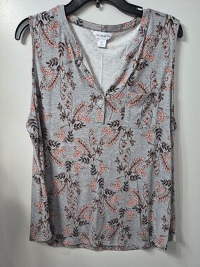 Liz Claiborne Gray Sleeveless V-Neck Top with Pink Floral Print